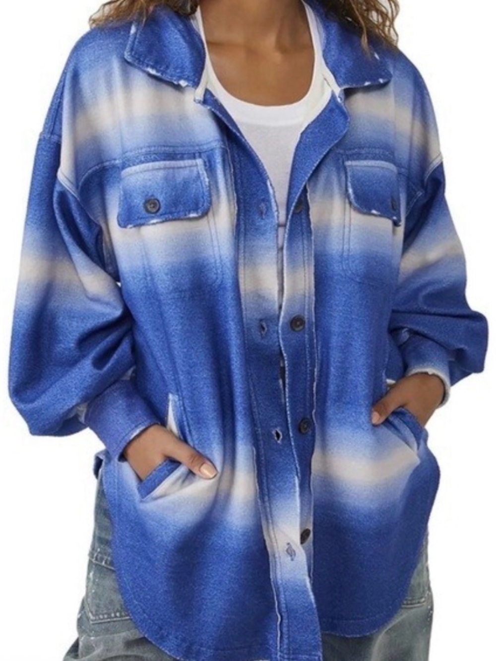 Free People Printed Ruby Jacket Large Blue White